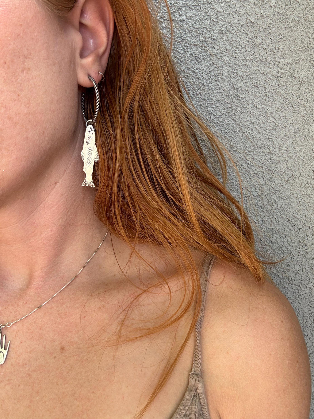 ✙ Sterling Silver Stamped Trout Hoop Earrings