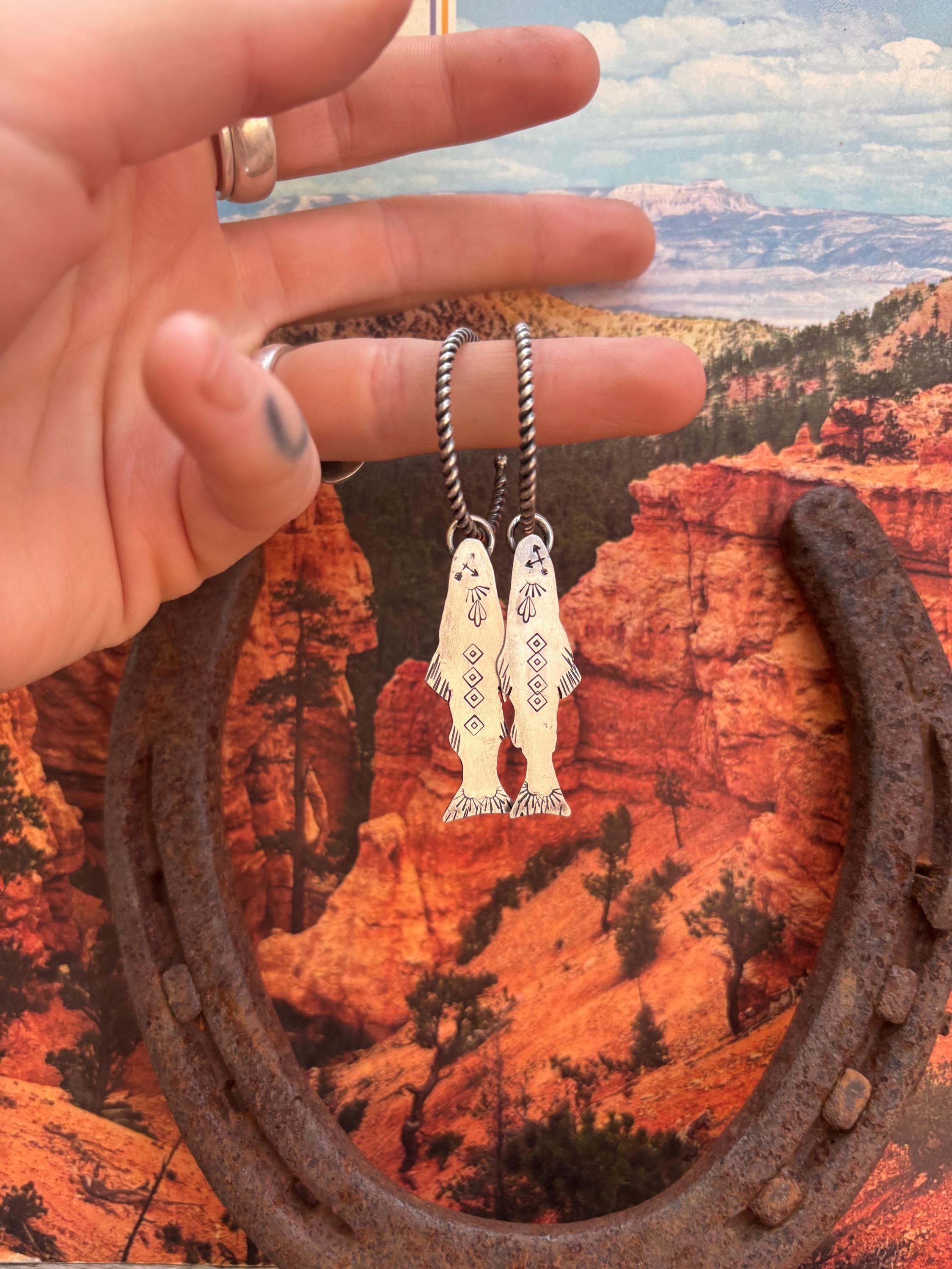✙ Sterling Silver Stamped Trout Hoop Earrings