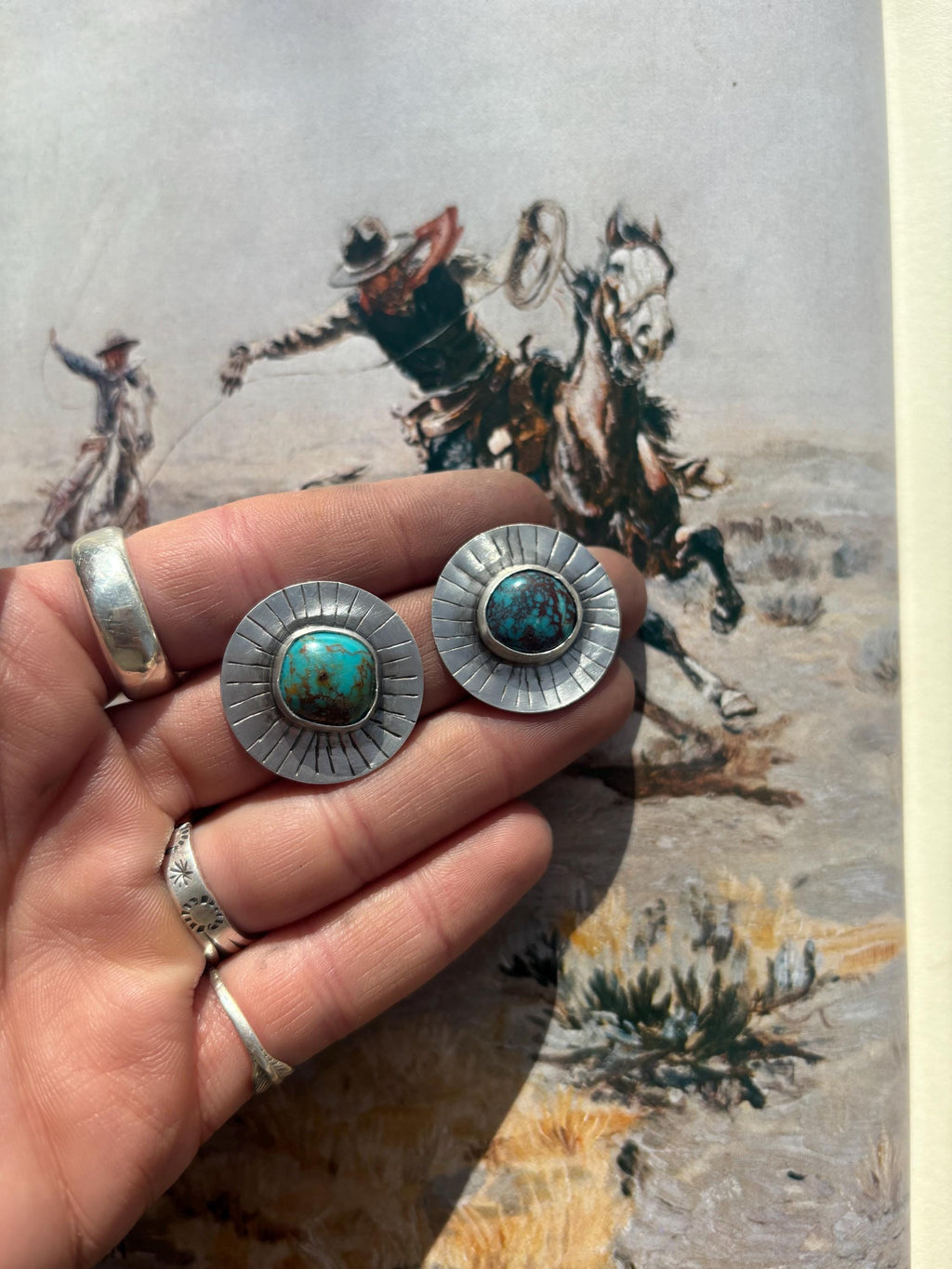 ✙ Turquoise Sterling Silver Stamped Stud Earrings
