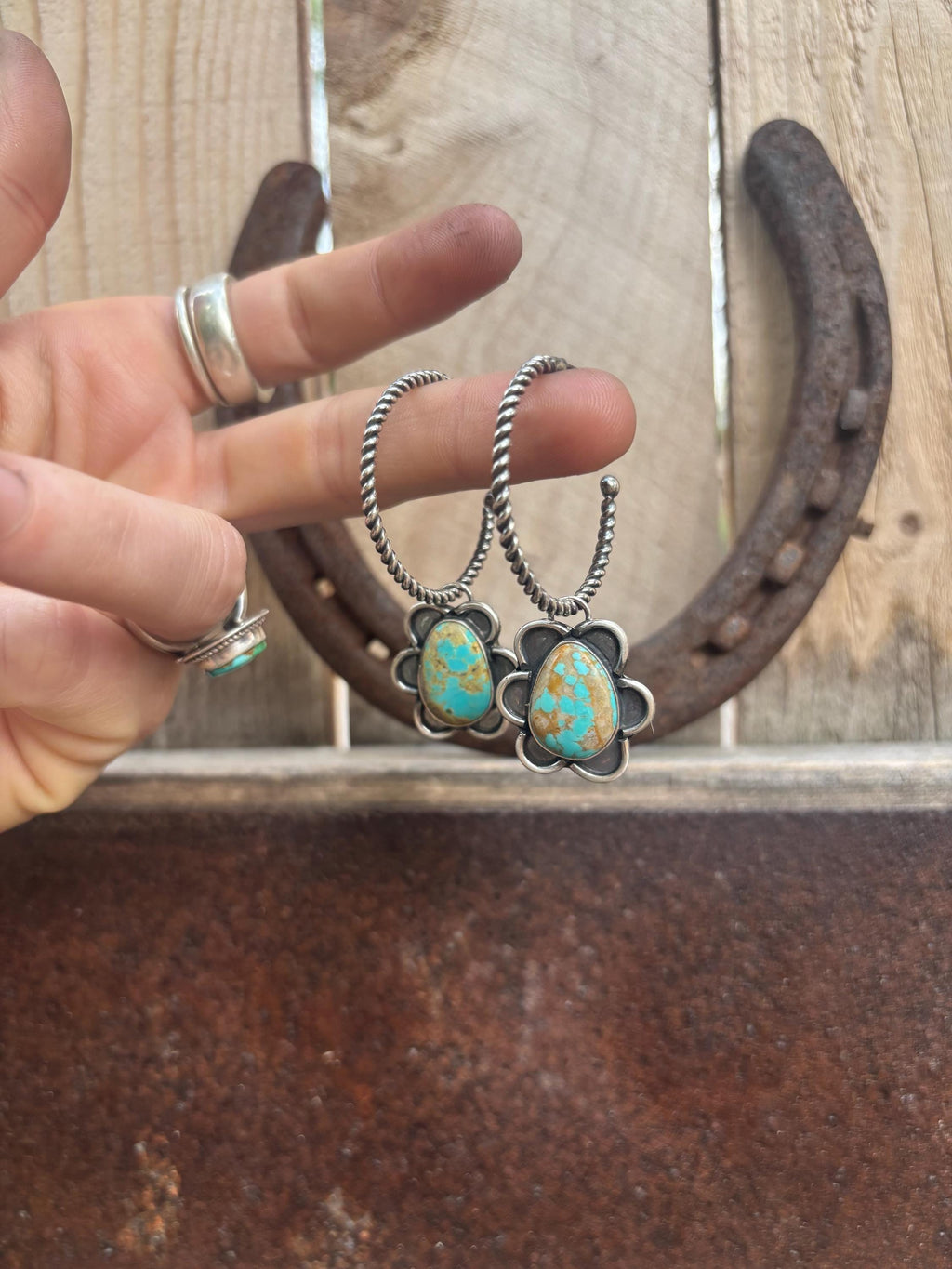 ✙ Sterling Silver Turquoise Flower Hoop Earrings