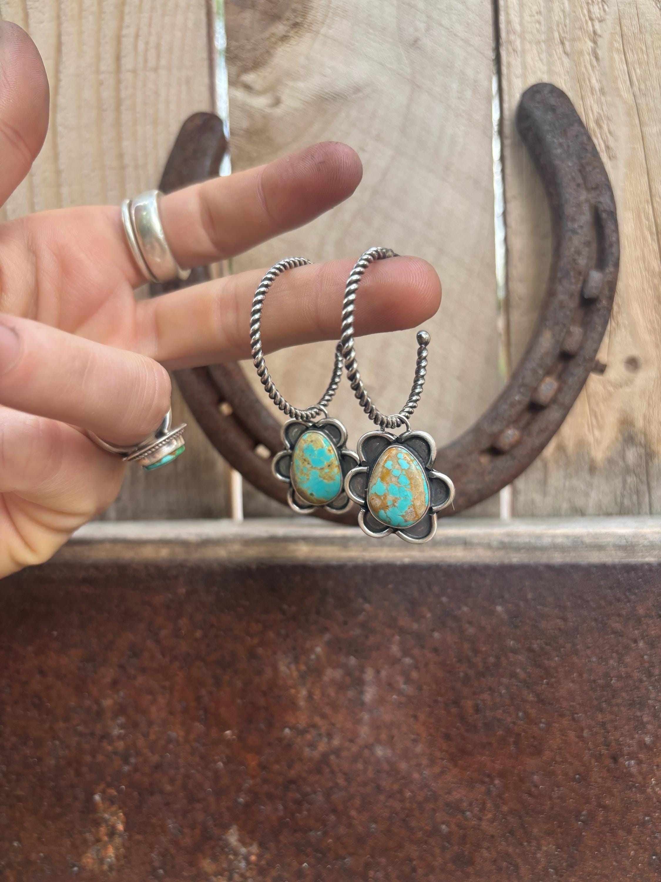 ✙ Sterling Silver Turquoise Flower Hoop Earrings