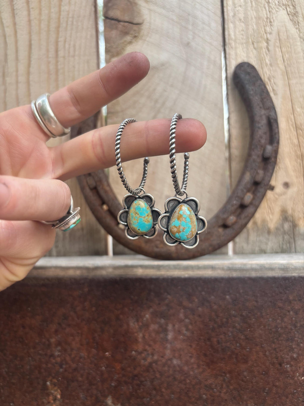 ✙ Sterling Silver Turquoise Flower Hoop Earrings