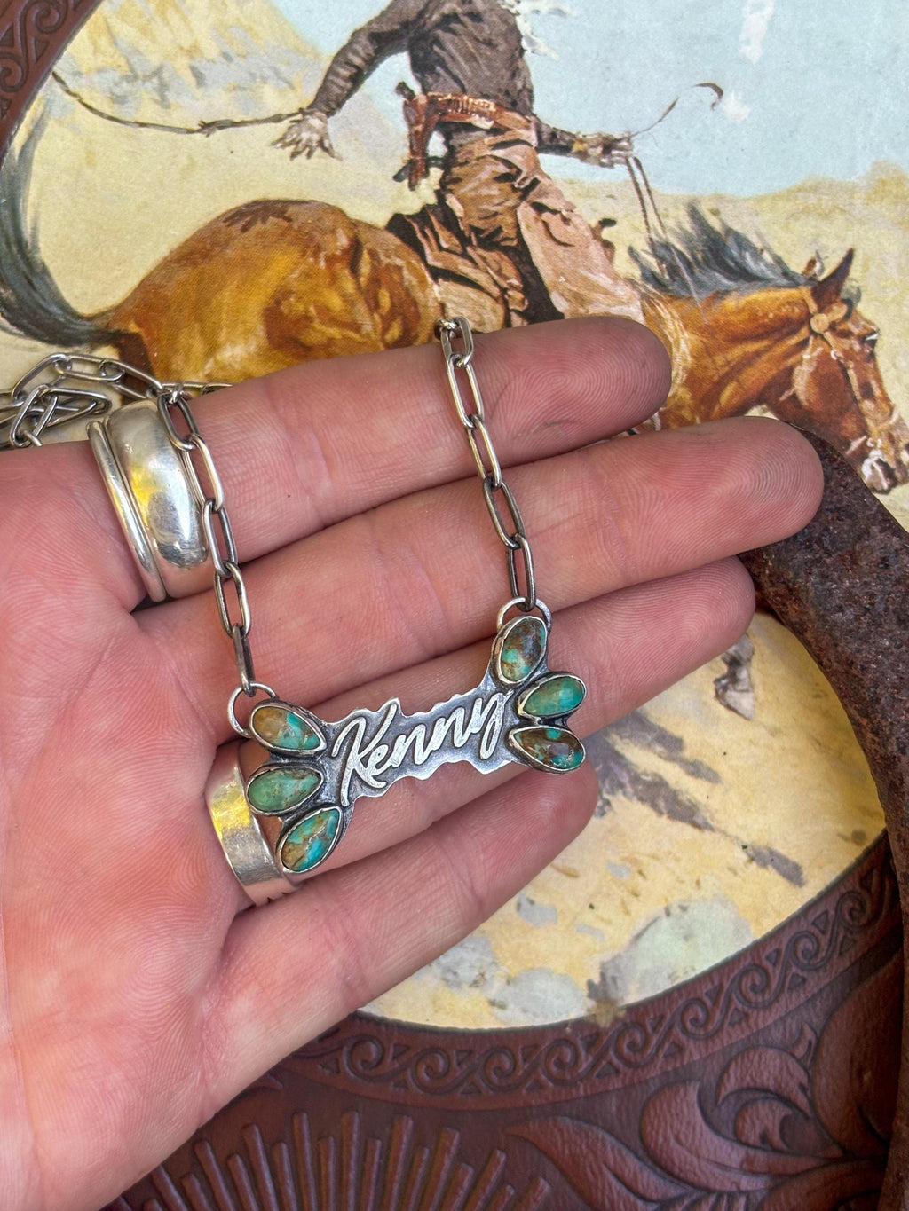 ✙ Custom Sterling Name Pendant With Turquoise