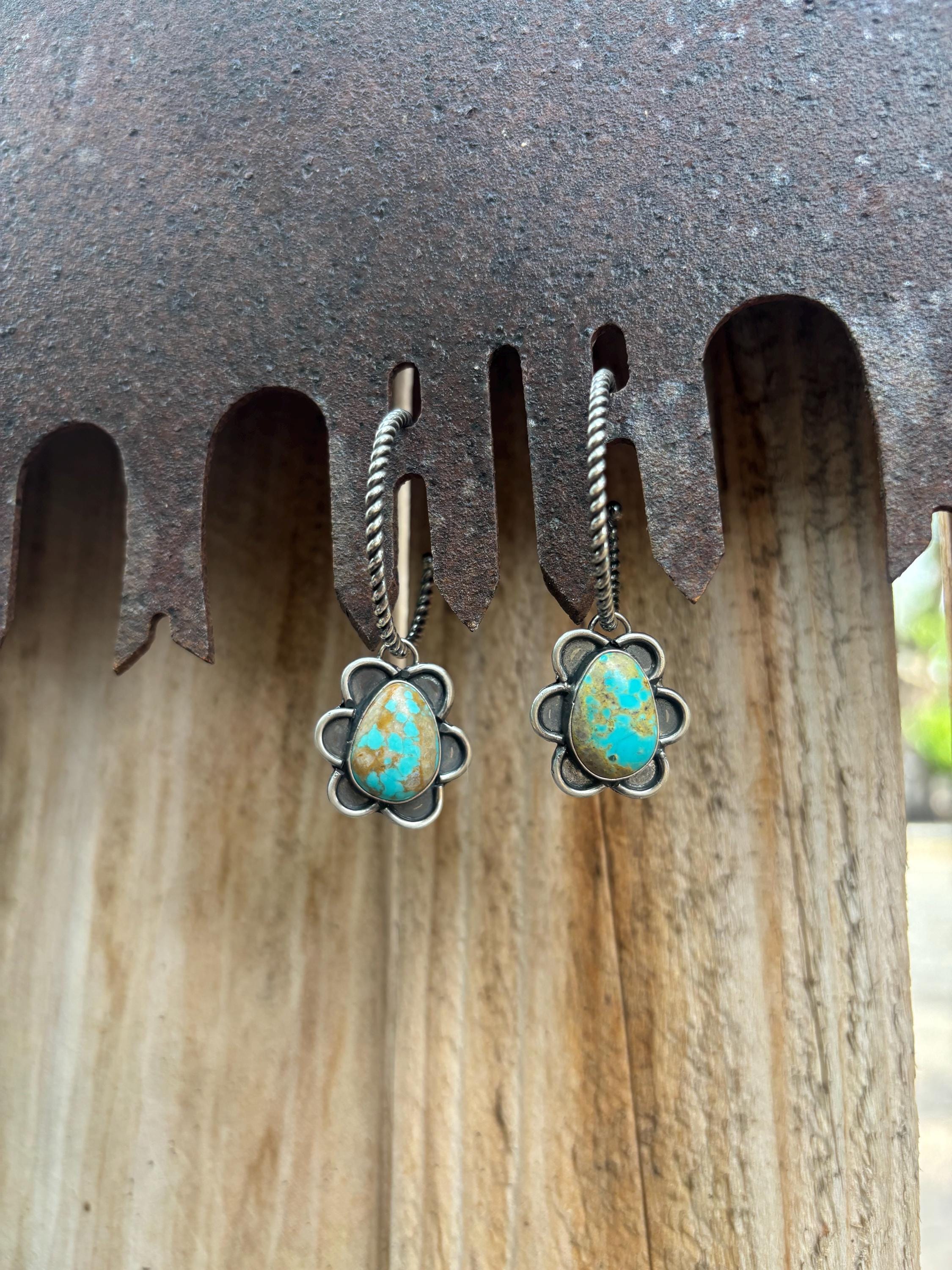 ✙ Sterling Silver Turquoise Flower Hoop Earrings