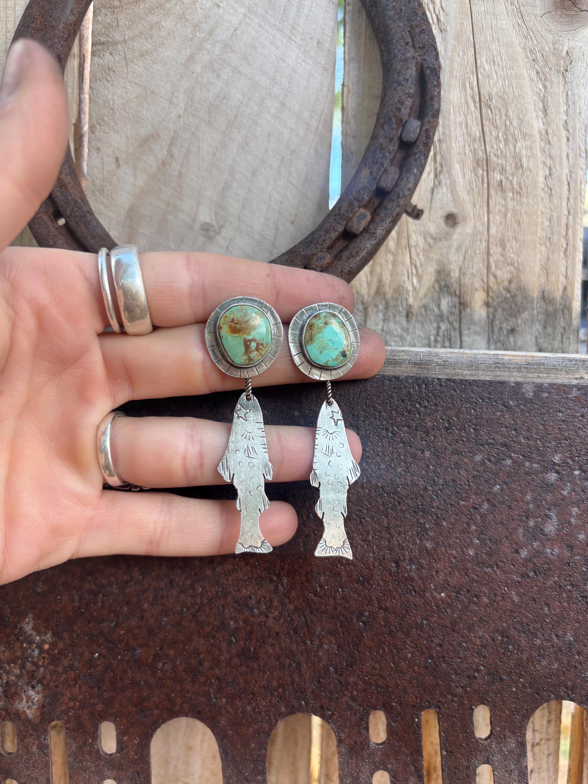 ✙ Sterling Silver Trout Turquoise Earrings