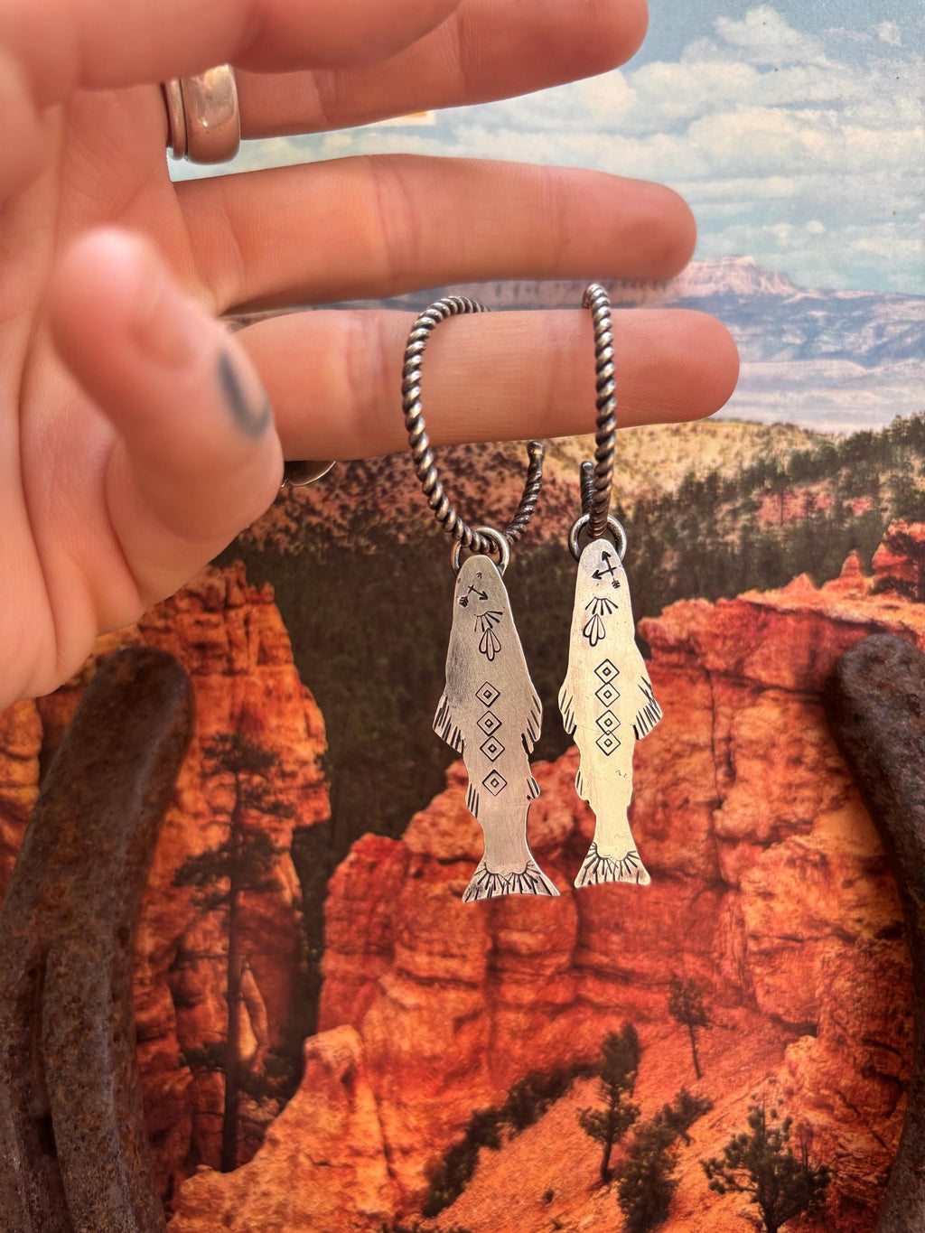 ✙ Sterling Silver Stamped Trout Hoop Earrings