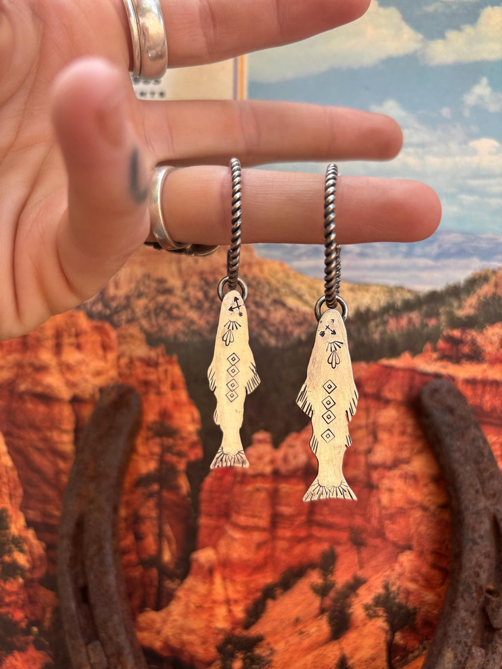 ✙ Sterling Silver Stamped Trout Hoop Earrings