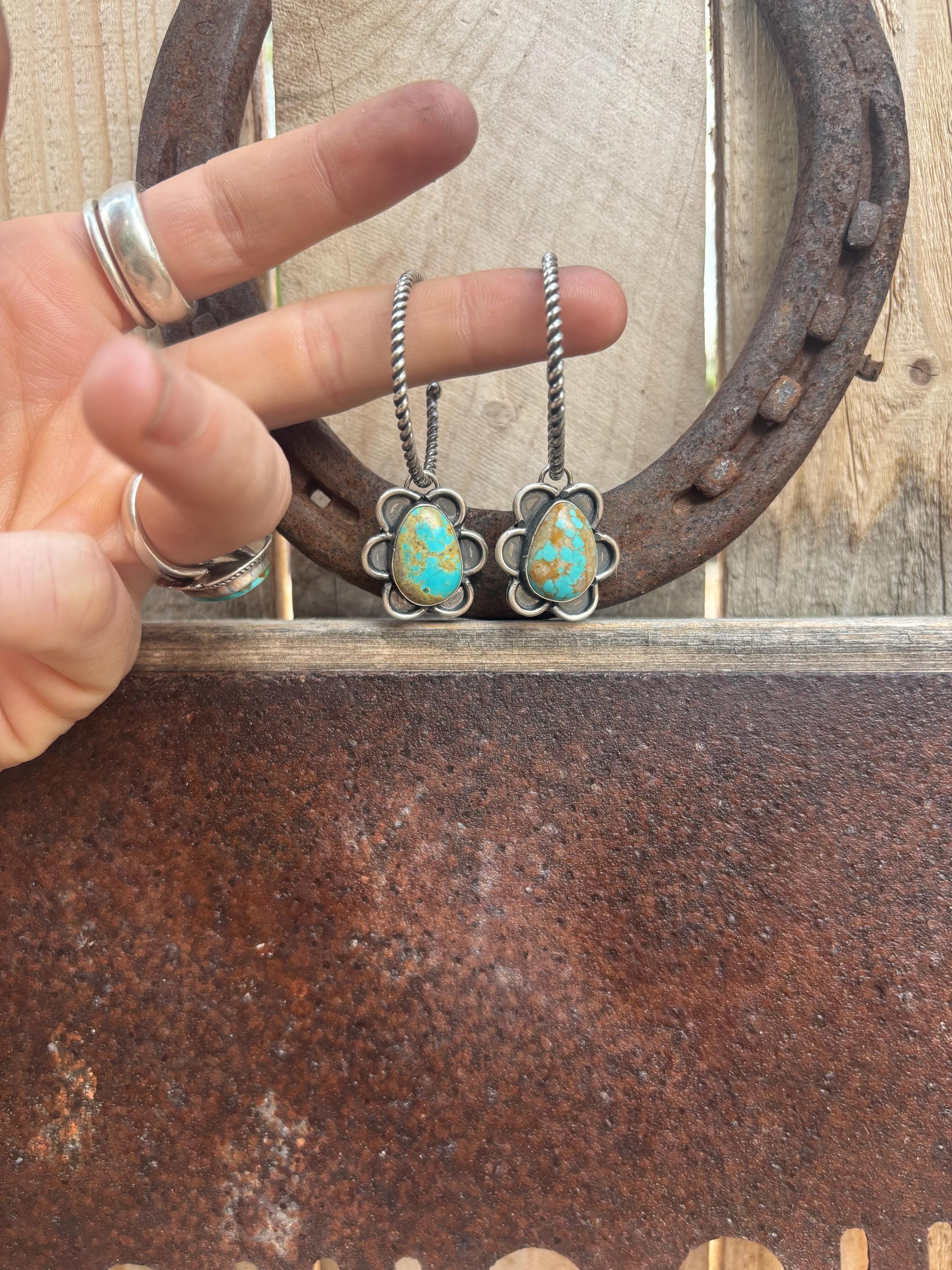 ✙ Sterling Silver Turquoise Flower Hoop Earrings
