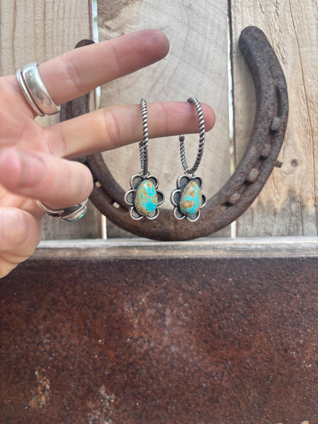 ✙ Sterling Silver Turquoise Flower Hoop Earrings