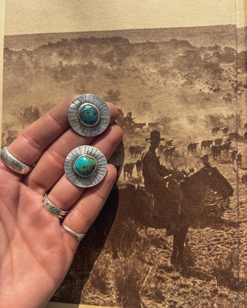 ✙ Turquoise Sterling Silver Stamped Stud Earrings