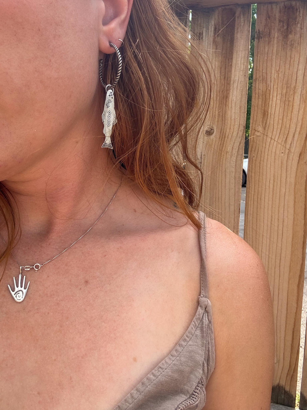 ✙ Sterling Silver Stamped Trout Hoop Earrings
