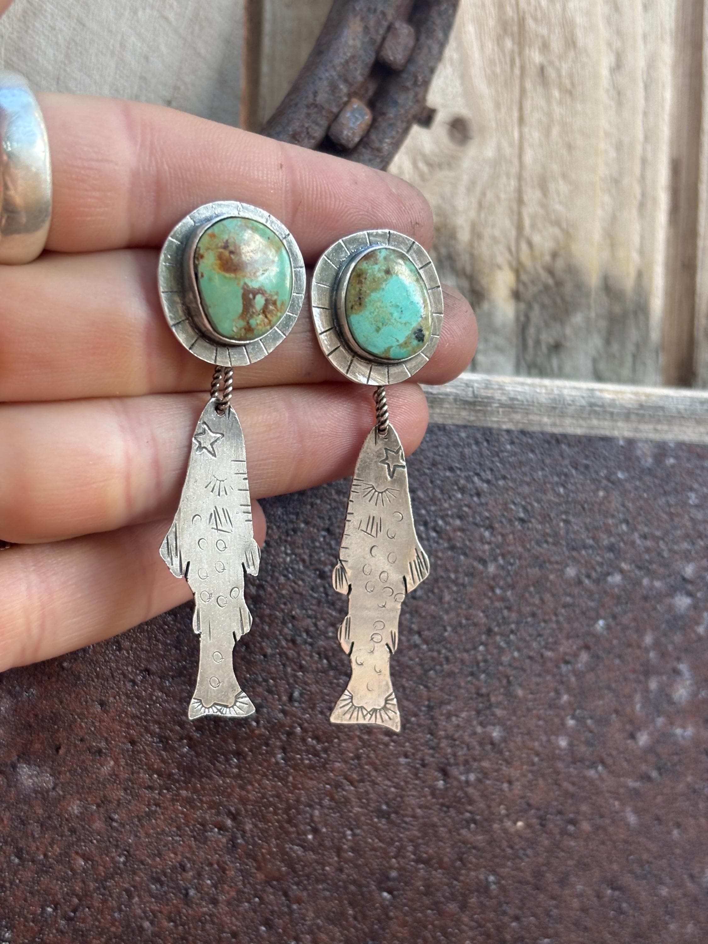 ✙ Sterling Silver Trout Turquoise Earrings